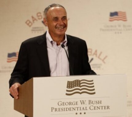  MLB Commissioner Rob Manfred talks to the media on the eve of the special exhibit opening...