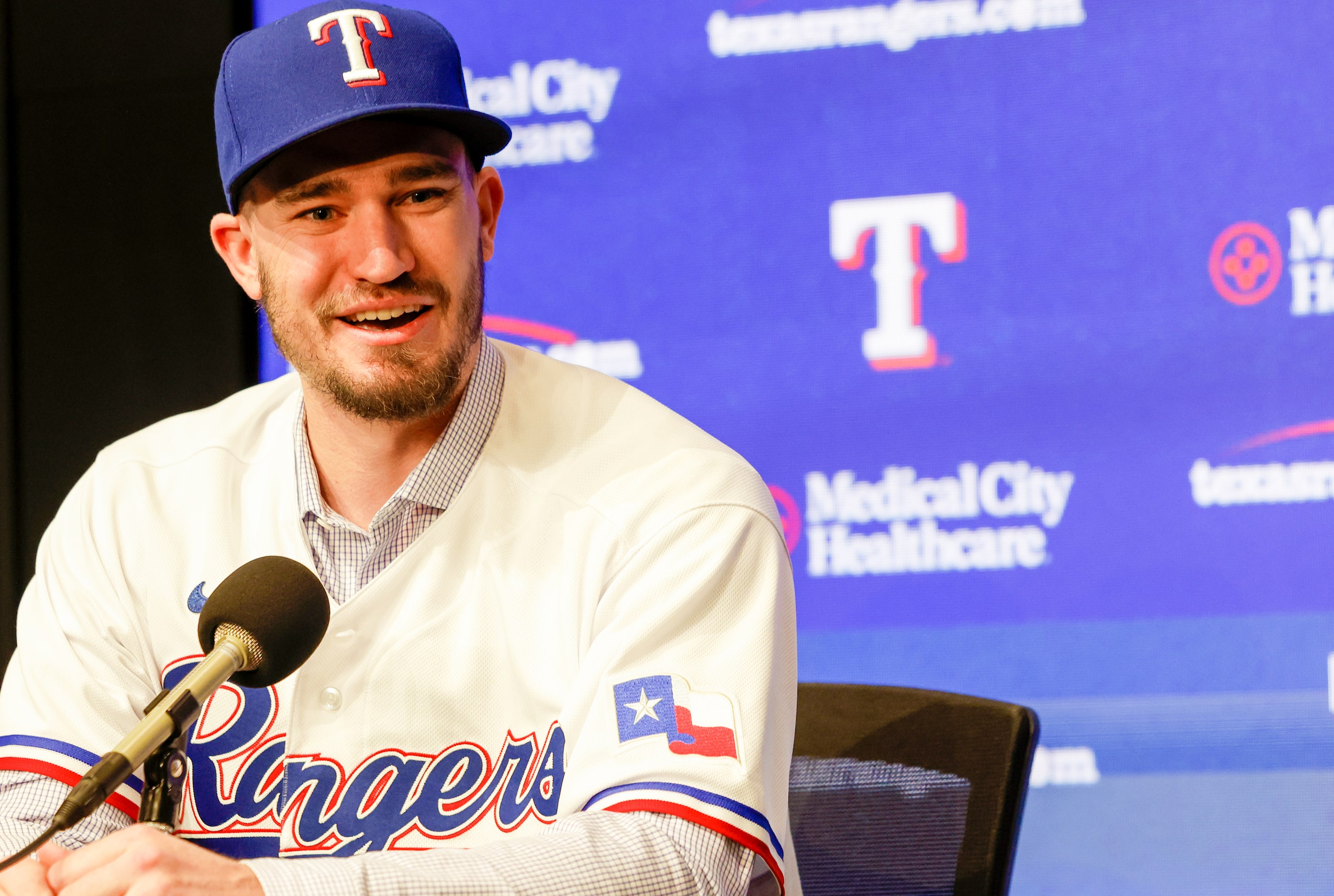 New Texas Rangers pitcher Andrew Heaney responds to media questions at Globe Life Field on...