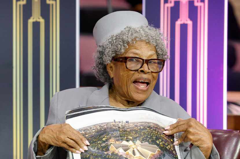 Opal Lee, the “grandmother of Juneteenth," holds up a rendering of the planned National...