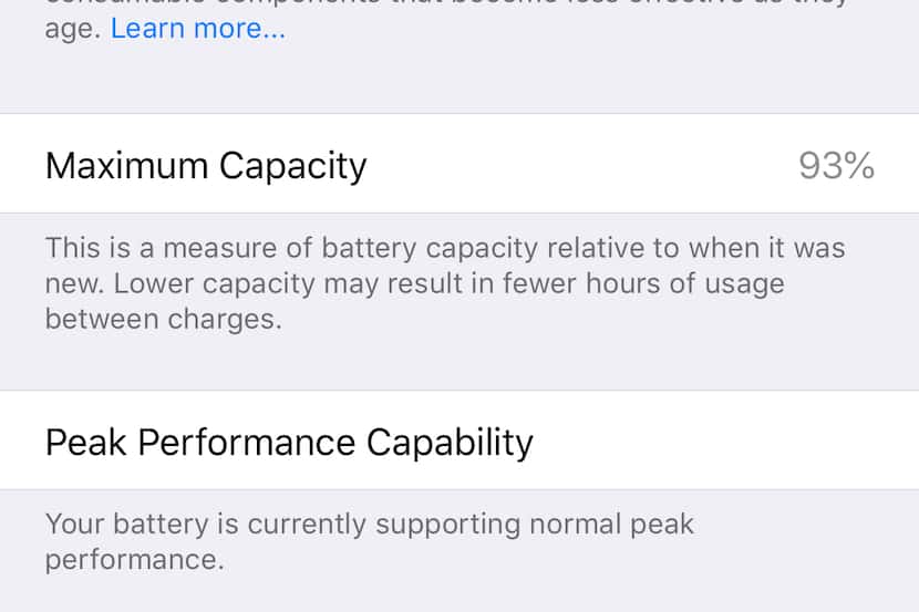 The Battery Health status page inside the Battery settings page