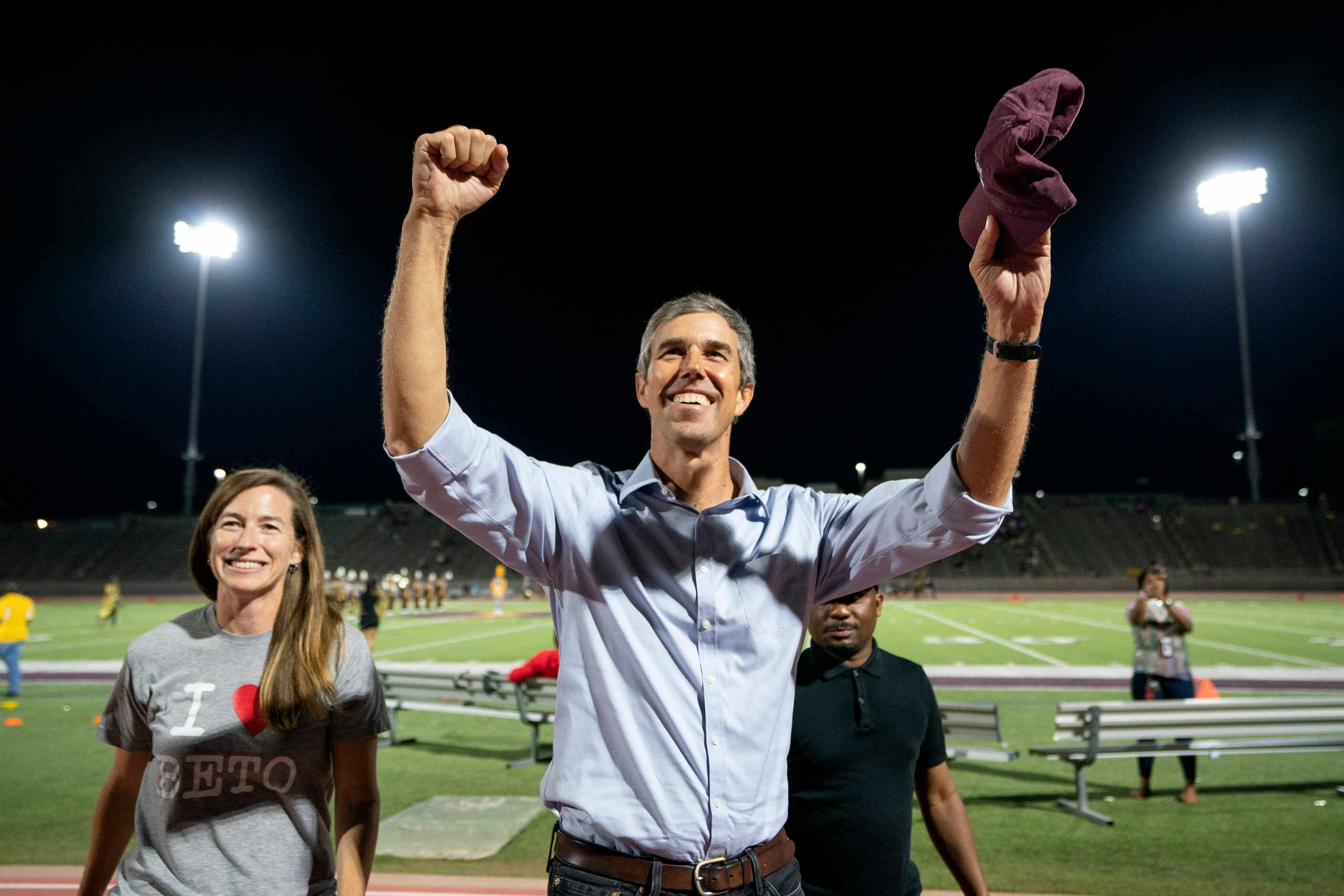 Texas gubernatorial candidate Beto O’Rourke, with his wife Amy Hoover Sanders, waves to the...