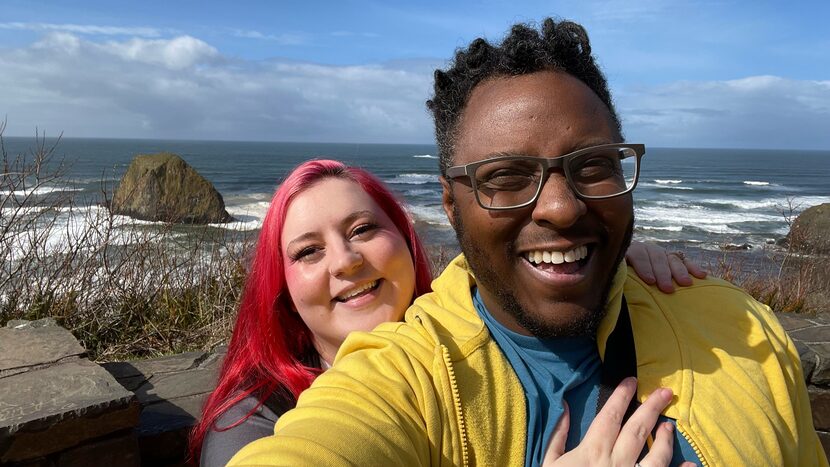 Rocky Lane, right, takes a selfie of he and his wife Sarah Swofford during a road trip on...