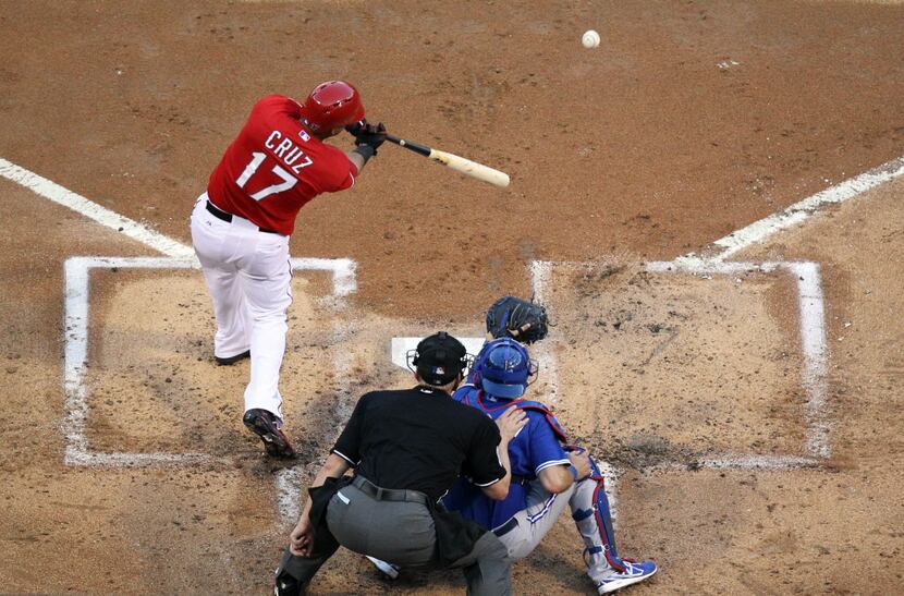 Texas Rangers right fielder Nelson Cruz (17) homers in the second inning during the Toronto...