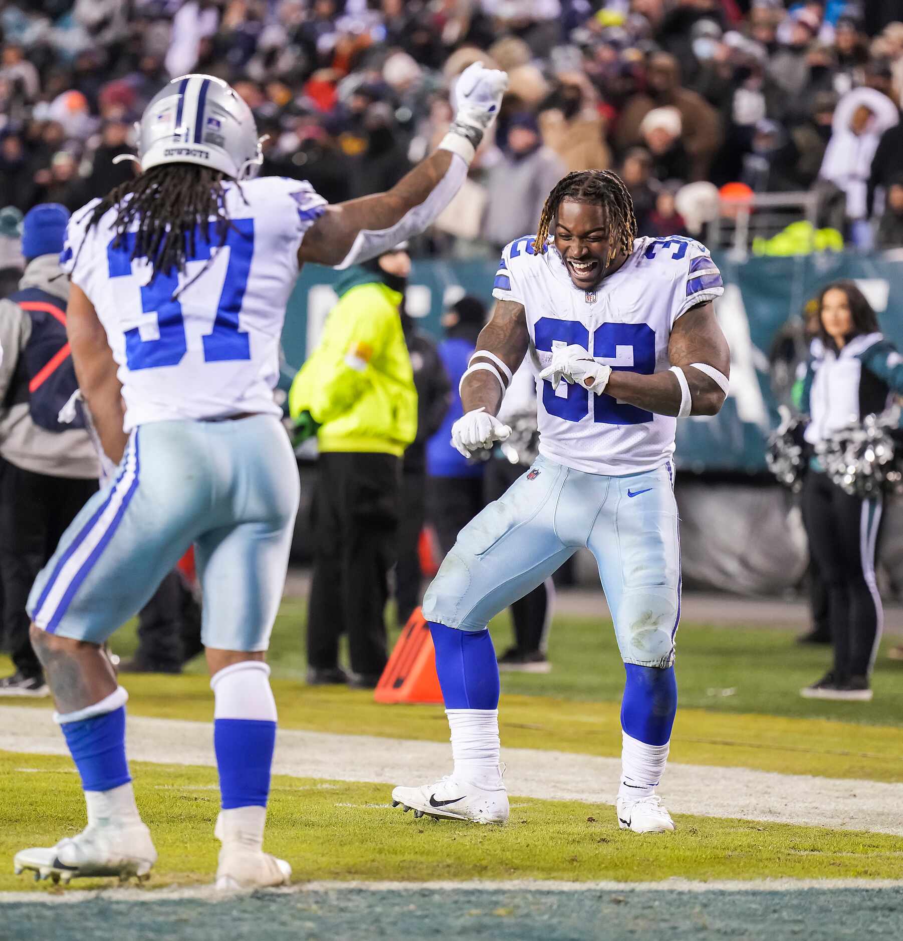 Dallas Cowboys running back JaQuan Hardy (37) celebrates with running back Corey Clement...