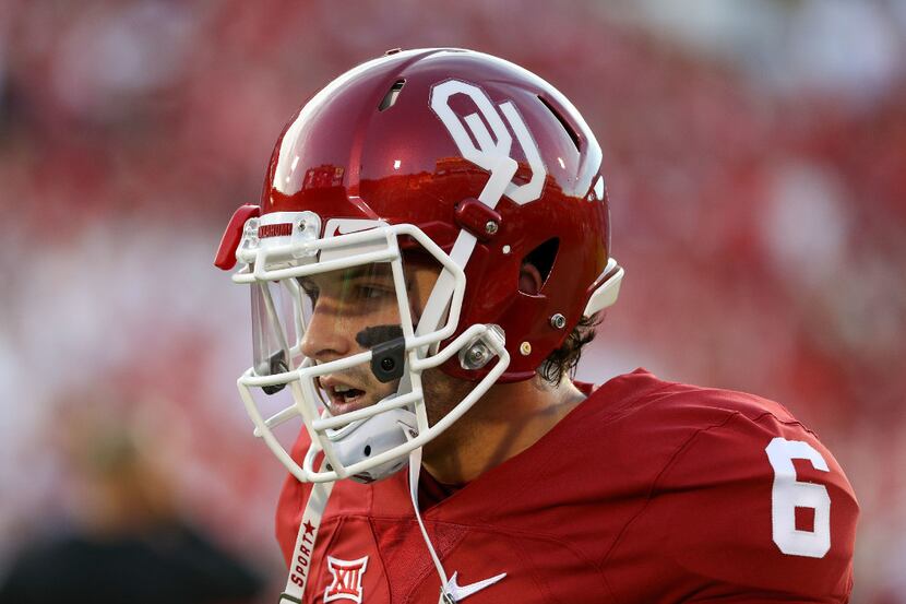 NORMAN, OK - SEPTEMBER 17:  Baker Mayfield #6 of the Oklahoma Sooners looks on prior to the...
