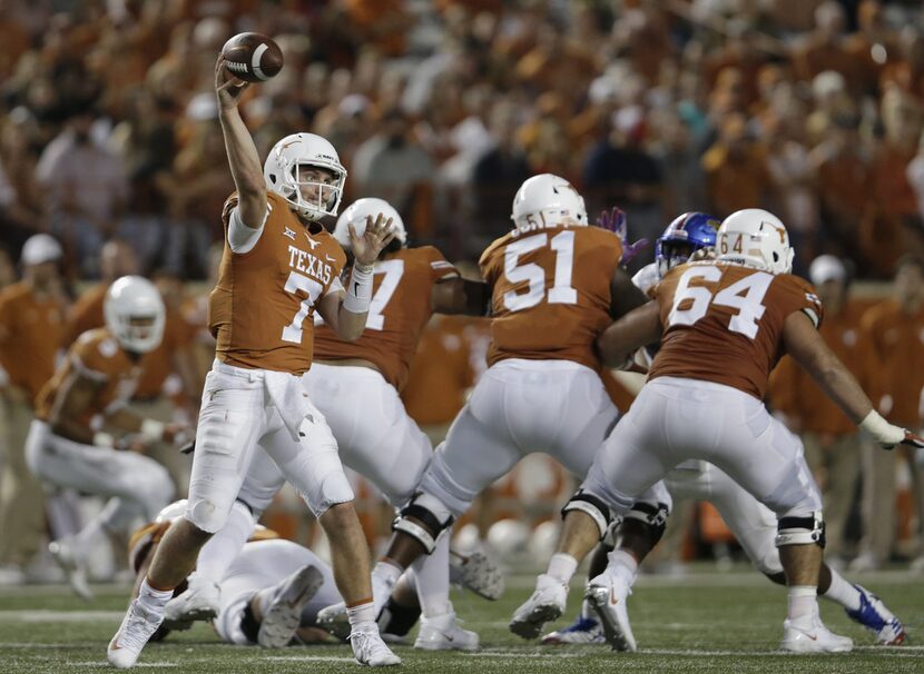 AUSTIN, TX - NOVEMBER 11:  Shane Buechele #7 of the Texas Longhorns throws a pass in the...