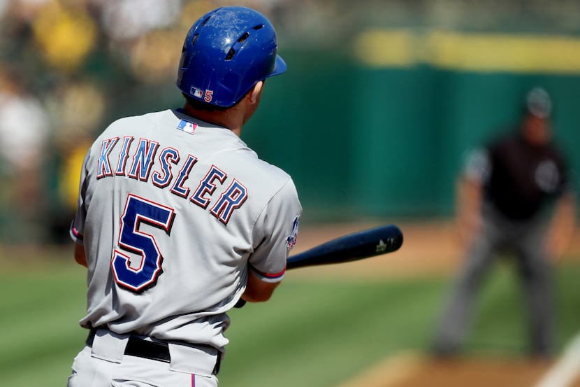 Texas second baseman Ian Kinsler is pictured during the Texas Rangers vs. the Oakland...