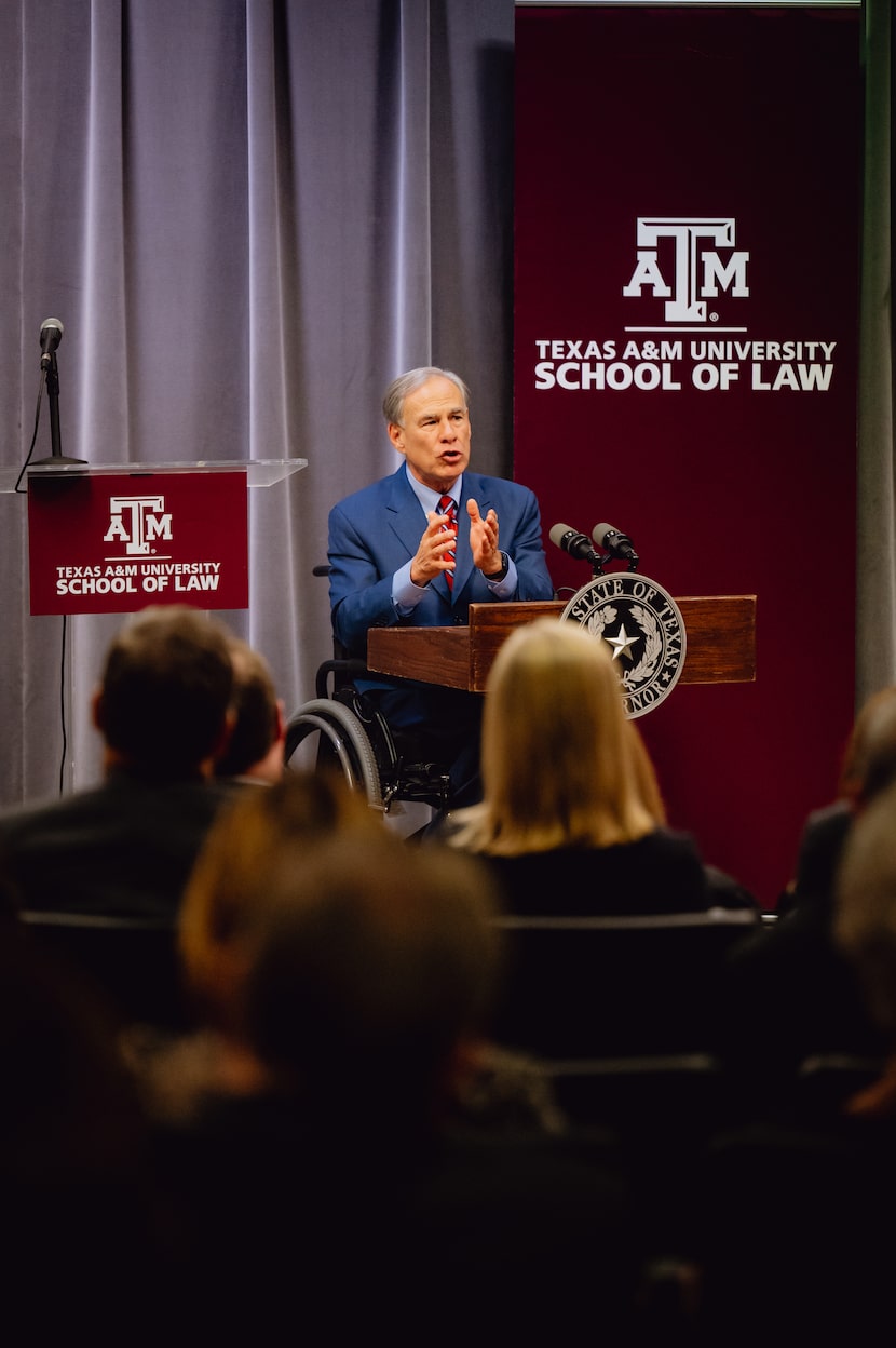 Texas Governor Greg Abbott speaks before swearing in newly appointed judges to the Texas...