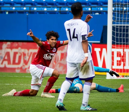 Johan Gomez celebrates his first professional goal for North Texas against Orlando City B....