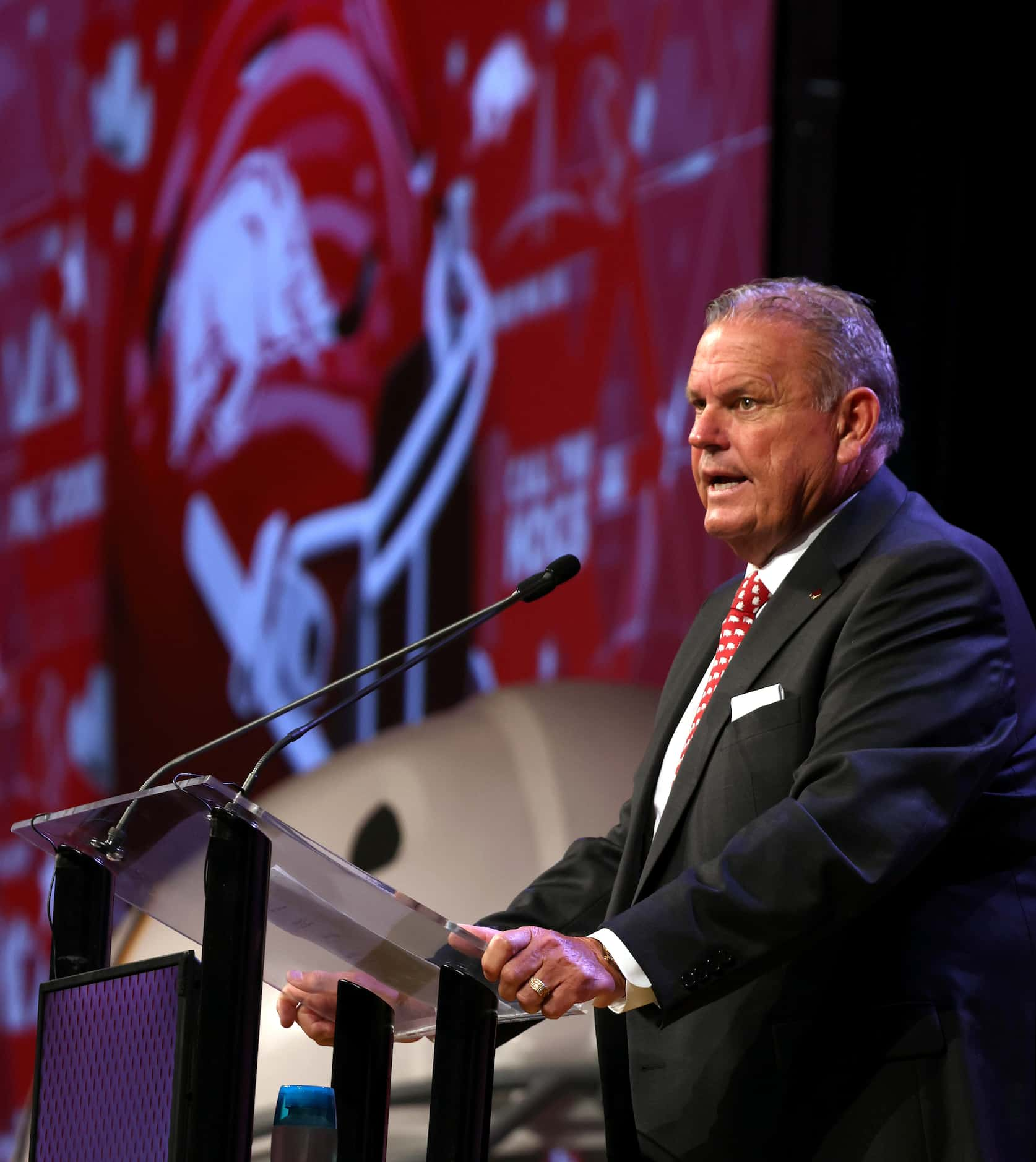 Arkansas head football coach Sam Pittman speaks of his team preparations in advance of the...