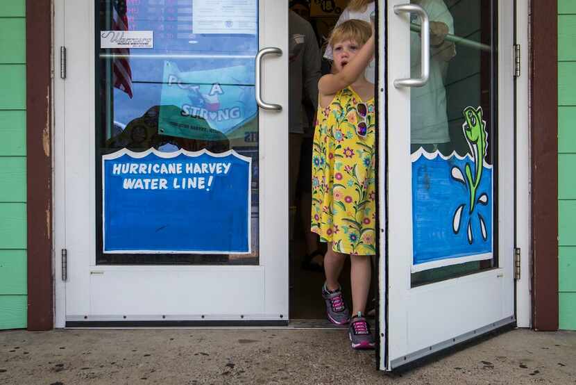 Signs on the front door at Winton's Island Candy in Port Aransas show how high the storm...