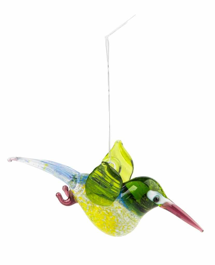 A colorful glass hummingbird ornament is $15 at Wild Birds Unlimited, Dallas.