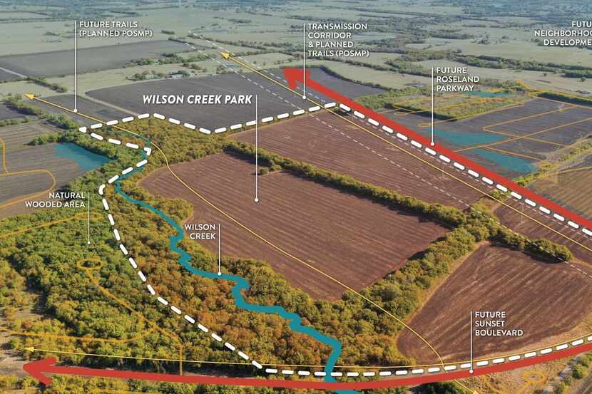 Aerial of a final concept plan for Wilson Creek Park, a 100-acre recreational area in Celina...