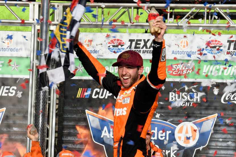 Chase Elliott celebrates his win in a NASCAR Cup Series auto race at Texas Motor Speedway in...