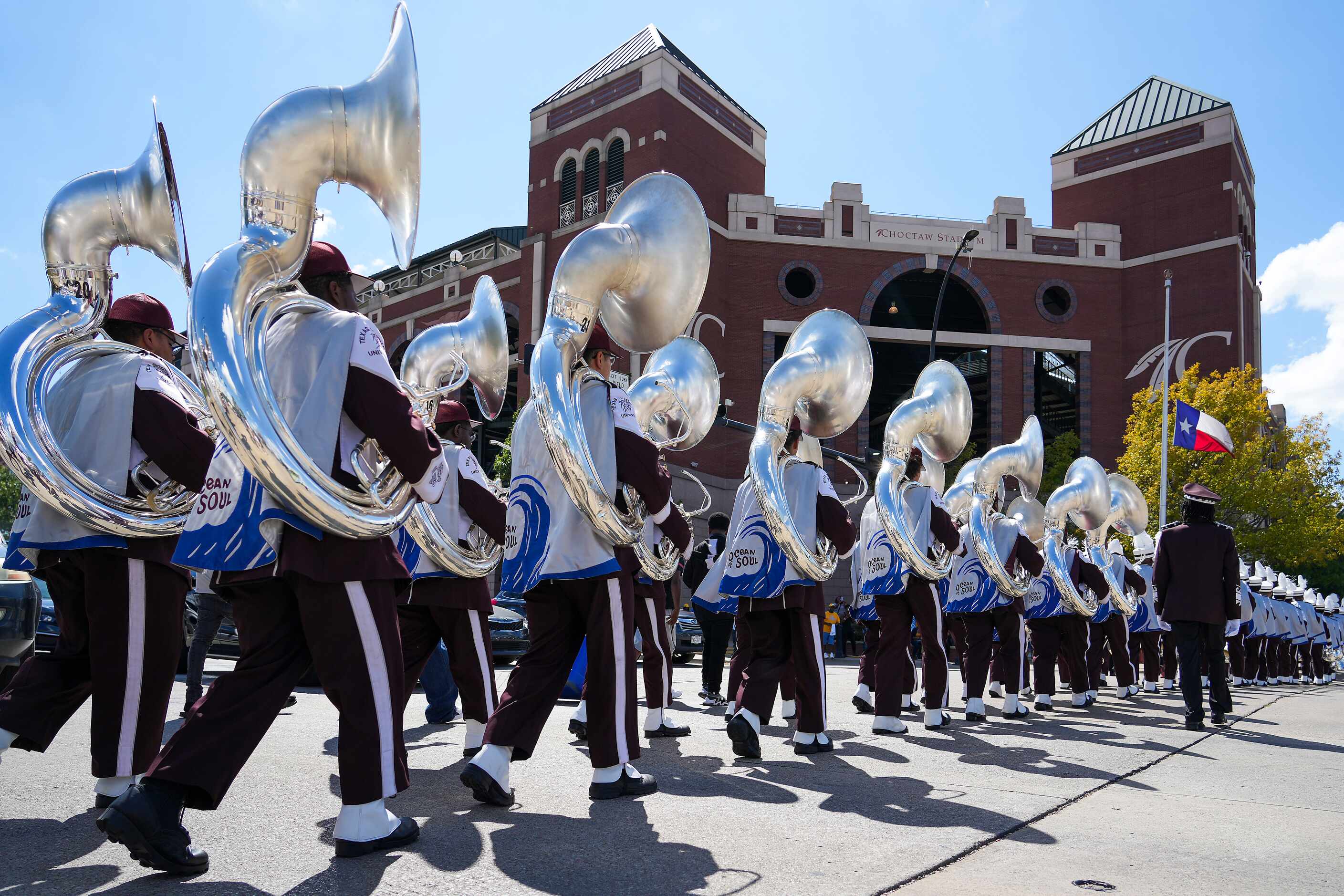 Members of the TSU Ocean of Soul band march into the stadium before an NCAA football game...
