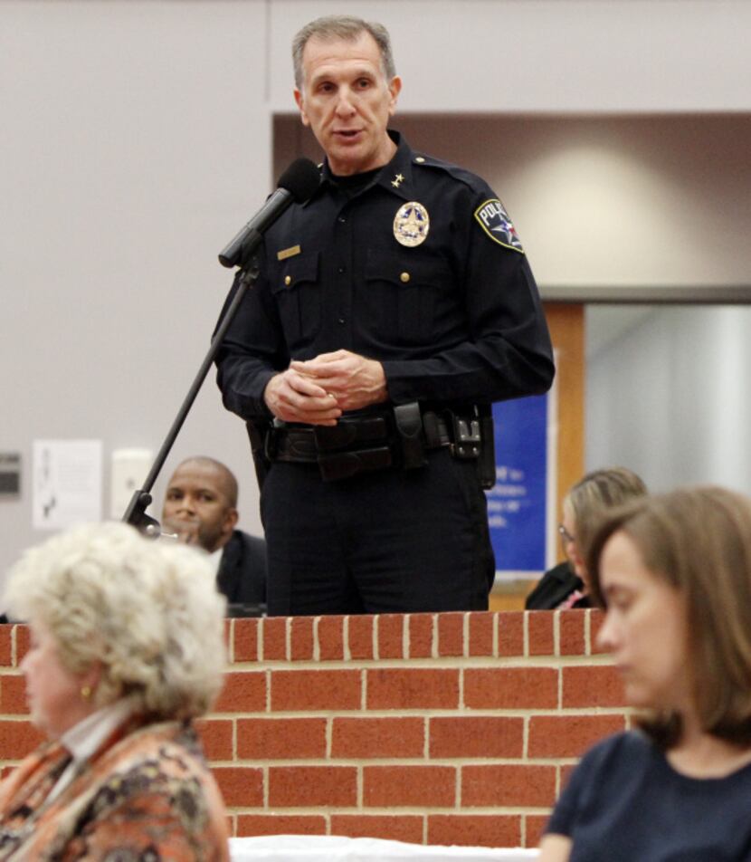 Irving Police Chief Larry Boyd addresses crime and safety in Valley Ranch at a meeting with...