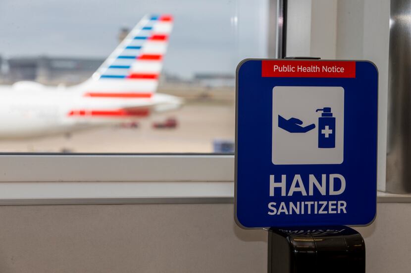 A hand sanitizing station is available to passengers at DFW Airport’s Terminal D.
