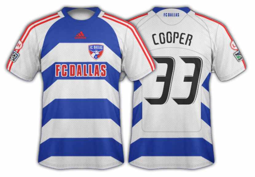 2008-09 FC Dallas blue and white hoops with angled side panels secondary.
