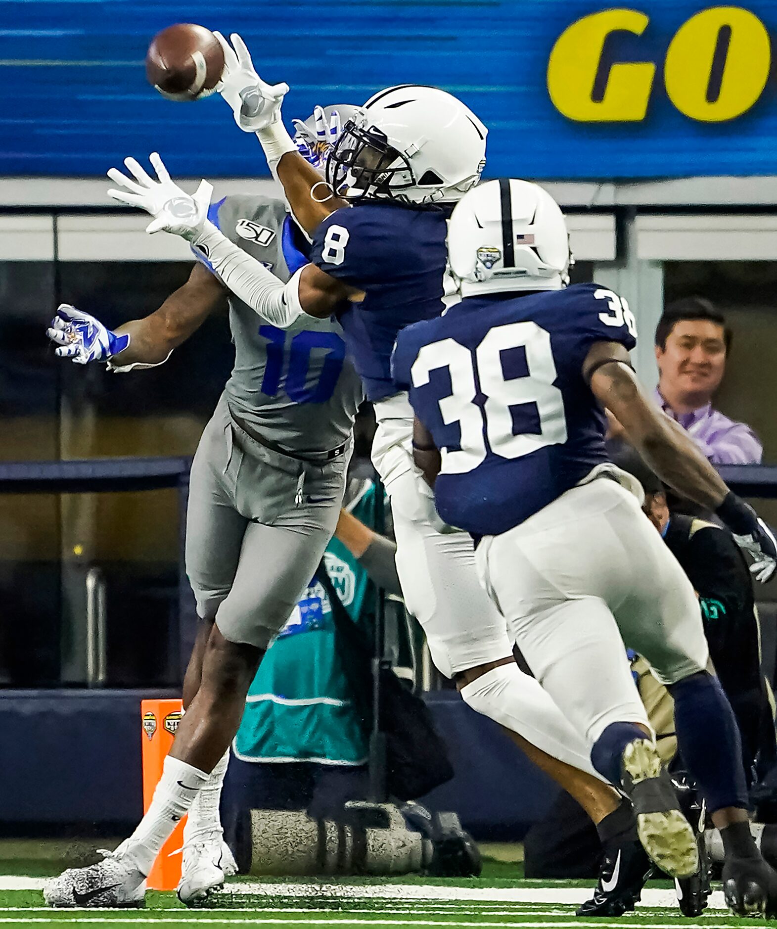 Penn State cornerback Marquis Wilson (8) intercepts a pass intended for Memphis wide...