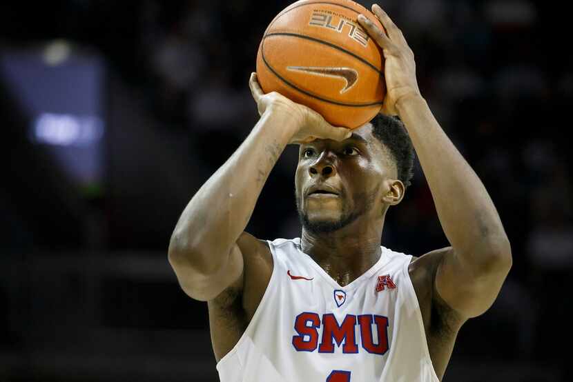 SMU guard Shake Milton (1) shoots a free throw during the second half of an NCAA basketball...