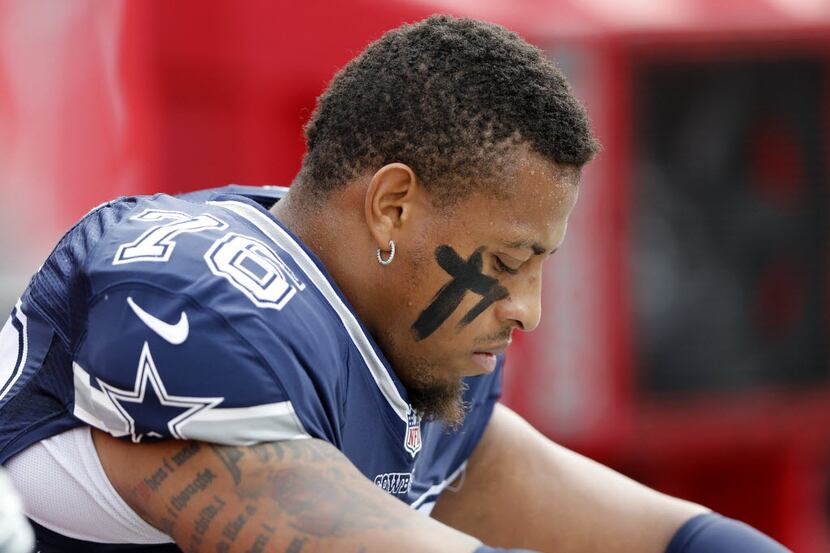 Dallas Cowboys defensive end Greg Hardy (76) on the bench before a game last November...