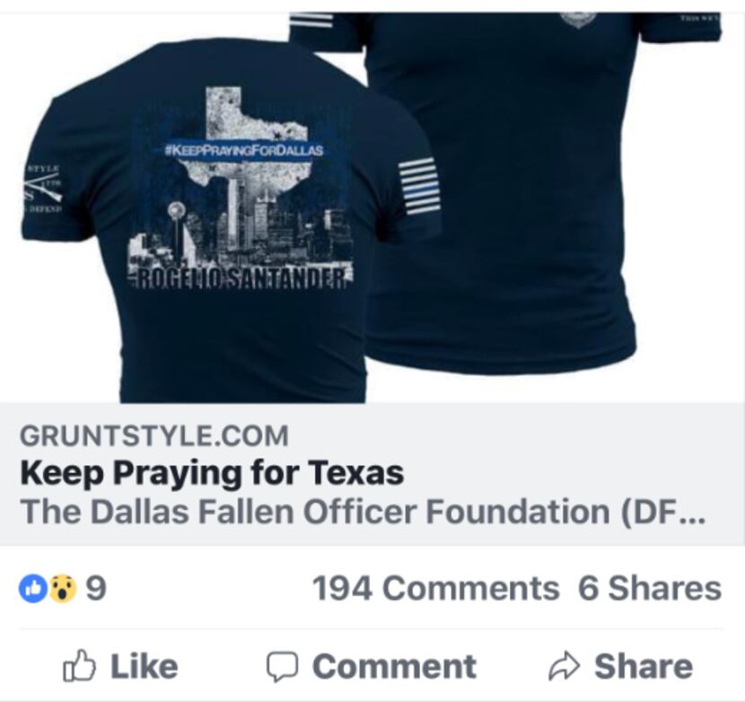 A screenshot of a Facebook post about a T-shirt fundraiser organized by the Dallas Fallen...