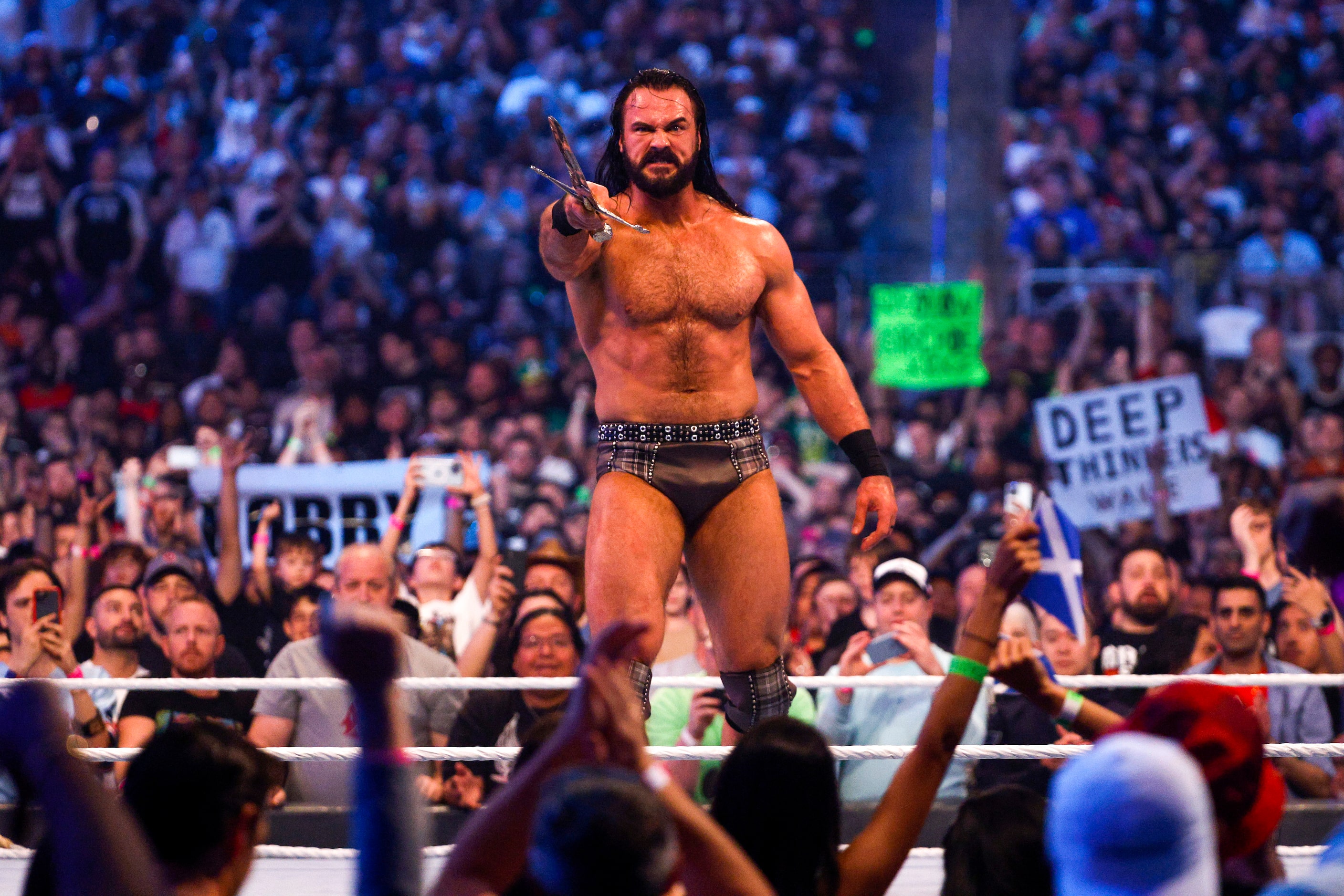 Drew McIntyre celebrates after defeating Baron Corbin during WrestleMania 38 at AT&T Stadium...