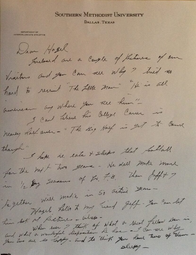 A letter that SMU assistant Herman "Sleepy" Morgan, who recruited Meredith to SMU, wrote to...