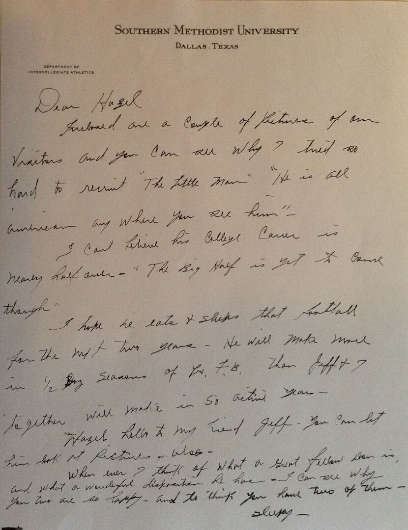 A letter that SMU assistant Herman "Sleepy" Morgan, who recruited Meredith to SMU, wrote to...