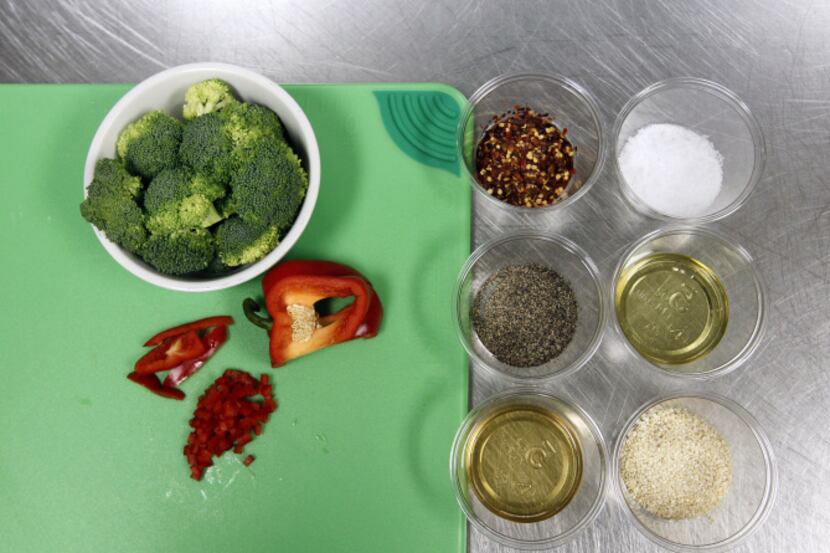 Broccoli and other ingredients for Sesame Roasted Broccoli that Chef Nancy Maslonka prepares...
