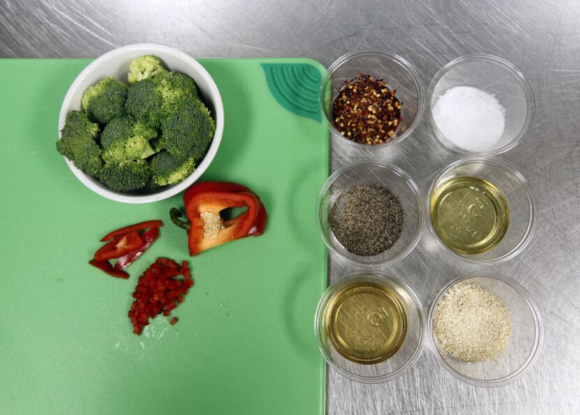 Broccoli and other ingredients for Sesame Roasted Broccoli that Chef Nancy Maslonka prepares...