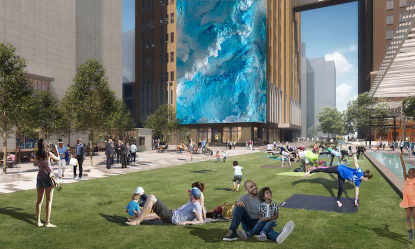 AT&T's Discovery District will include a 104-foot-tall media wall that wraps around the...