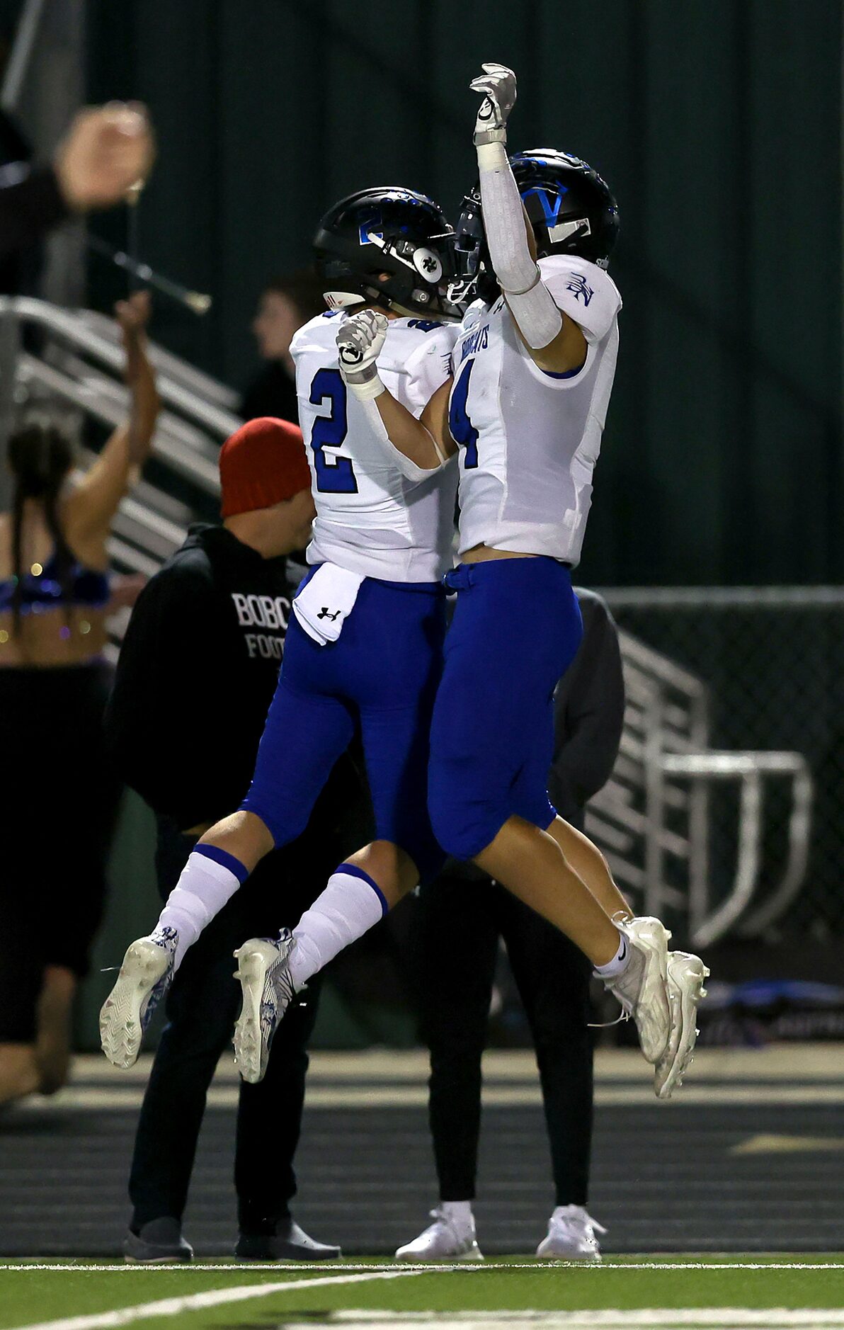 Byron Nelson wide receiver Landon Ransom-Goelz (14) and  running back Aaron Darden (2)...