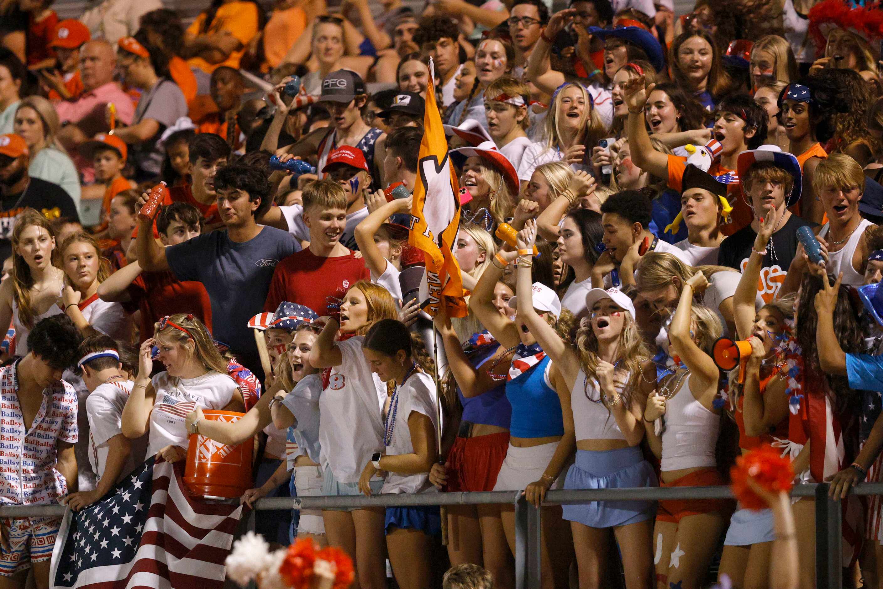 Rockwall fans cheer during the first half of a high school football game against Prosper in...