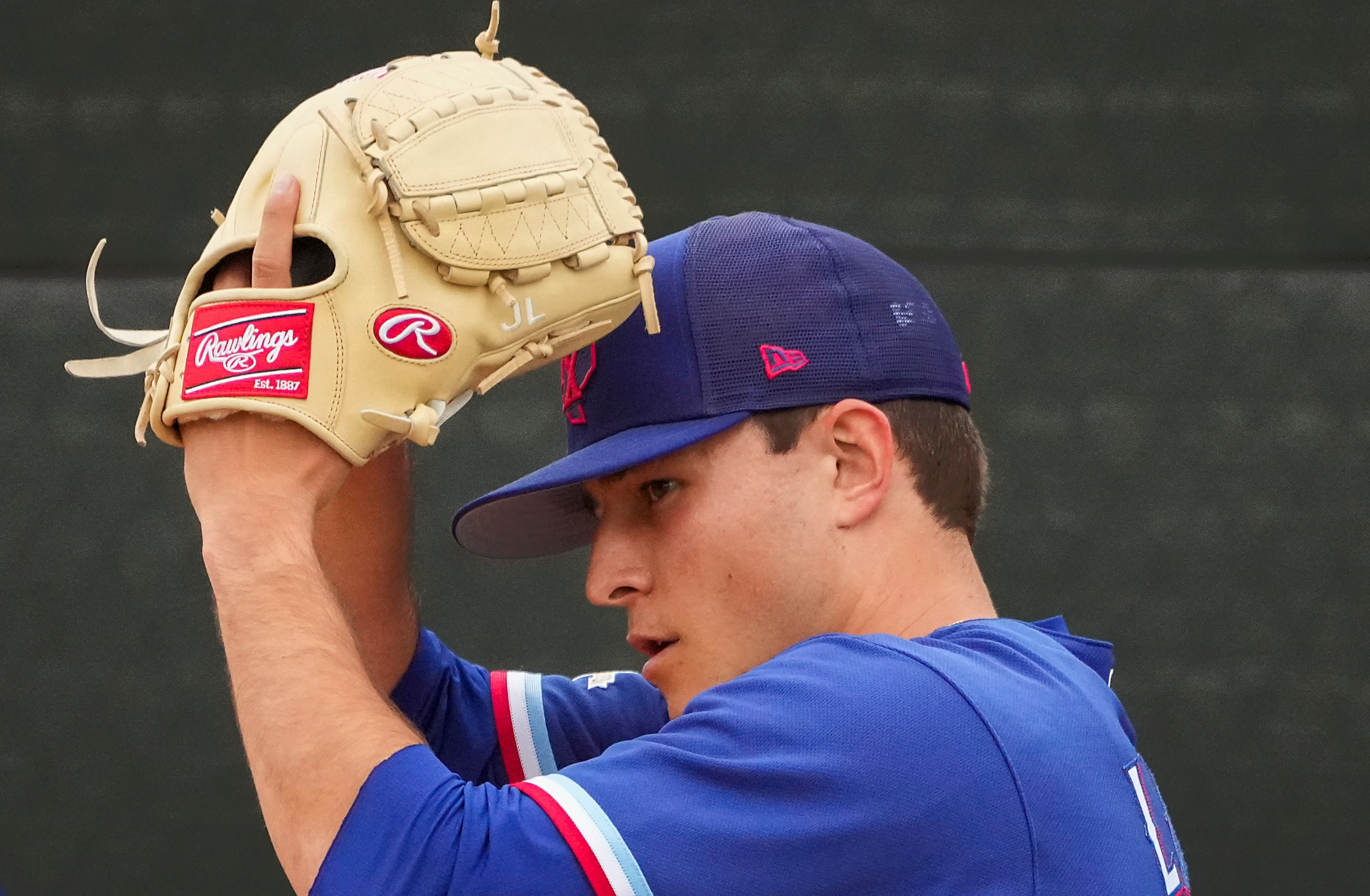 Texas Rangers pitcher Jack Leiter throw in a bullpen session a during a minor league spring...