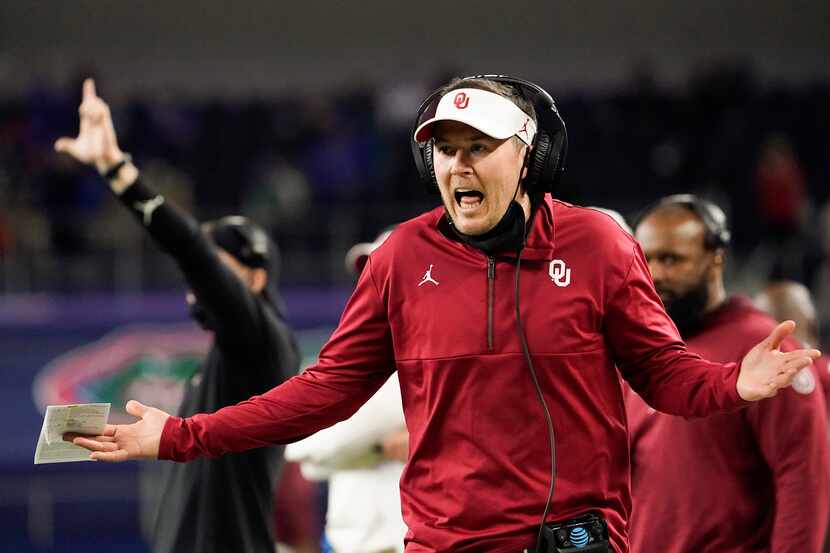 Oklahoma head coach Lincoln Riley argues for a call on the sidelines during the first half...