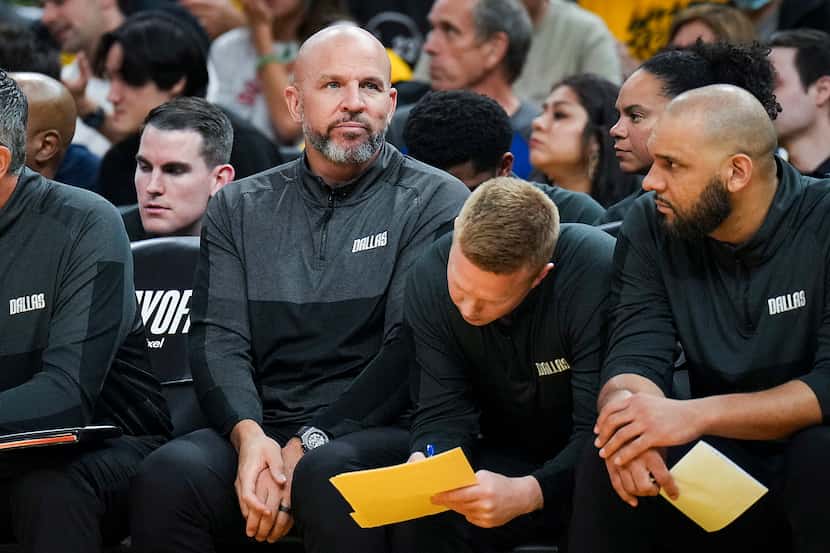 Dallas Mavericks head coach Jason Kidd watches from the bench during the second quarter in...