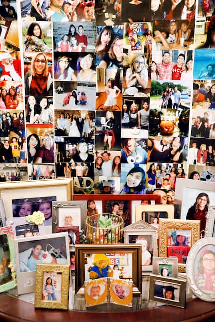 A collage of photos left from Abigil Chagoya Alvarez’s funeral are on display in Adolph...
