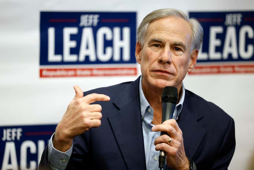 Texas Gov. Greg Abbott speaks during a campaign event for state Rep. Jeff Leach, Tuesday,...