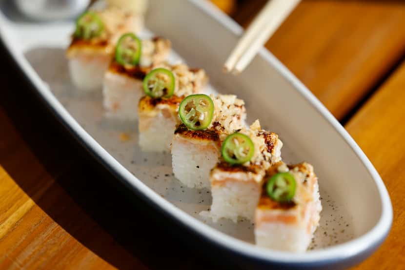 Seared Salmon sushi at JOEY Dallas on, Tuesday, Jan. 16, 2024, in NorthPark Center. 