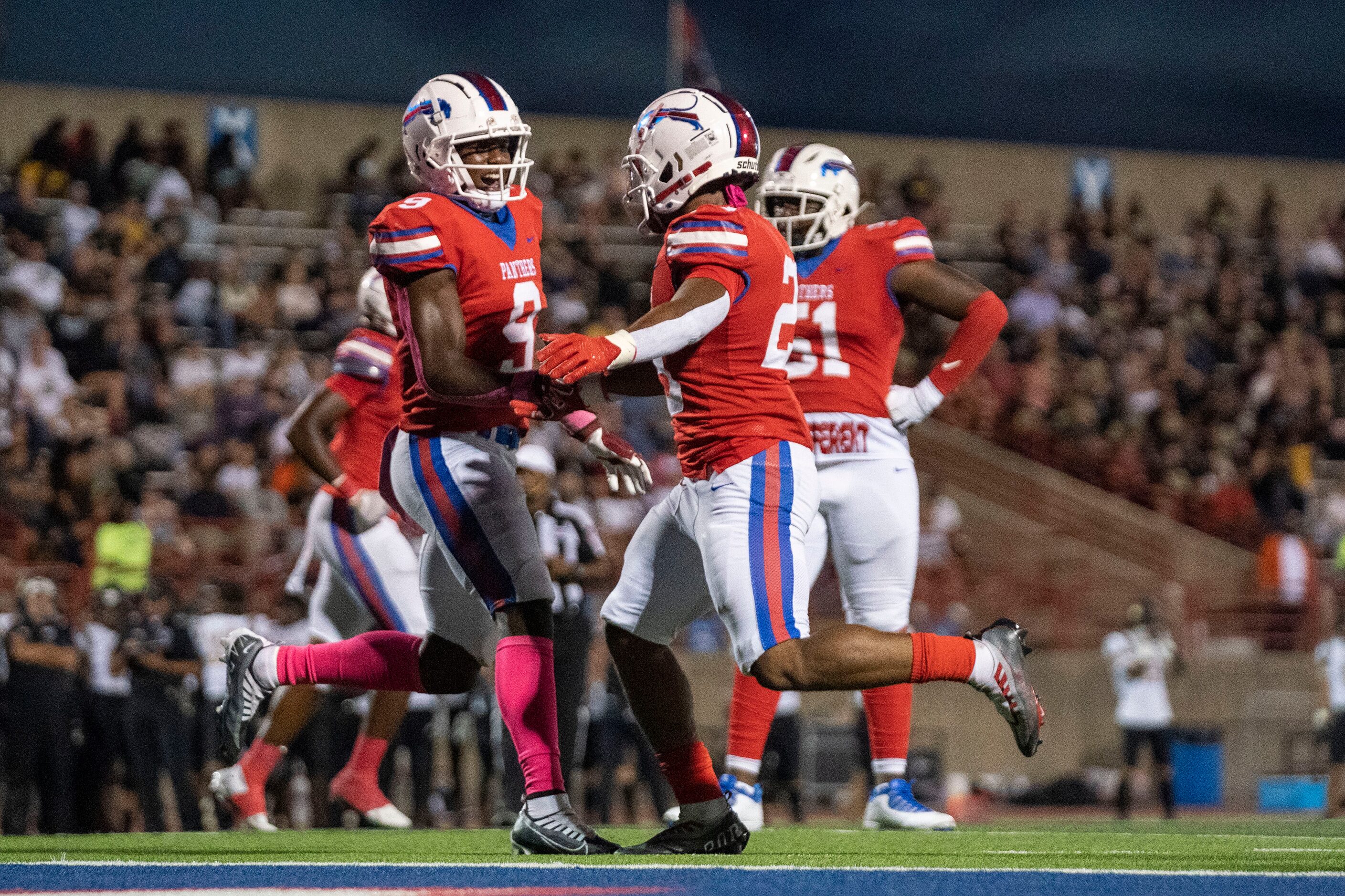 Duncanville senior running back Kaleb Kenney (9) and junior running back Caden Durham (29)...