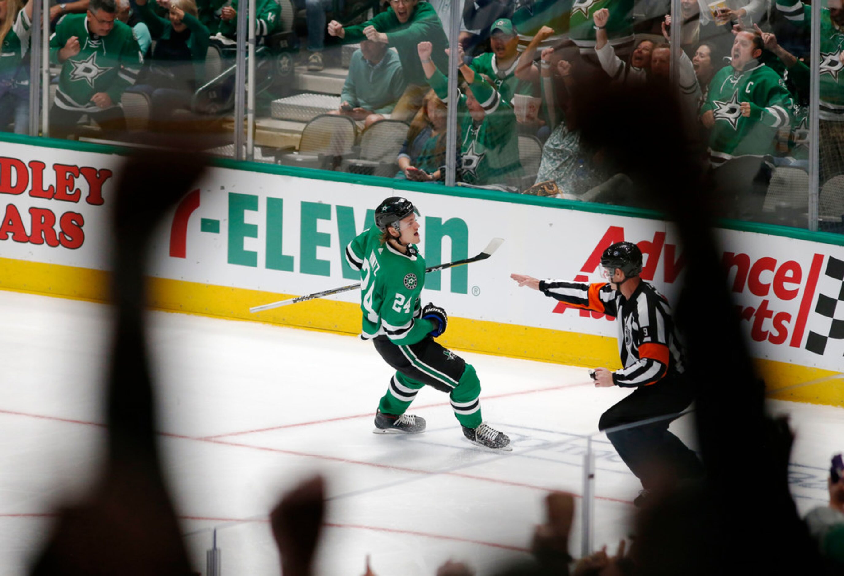 Dallas Stars left wing Roope Hintz (24) celebrates after scoring a goal in a game against...