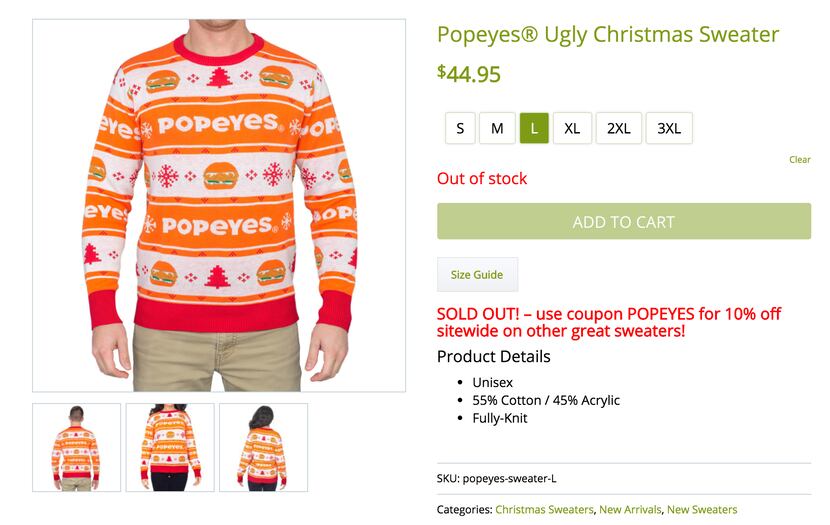 Popeyes' ugly Christmas sweater cost $44.95. 