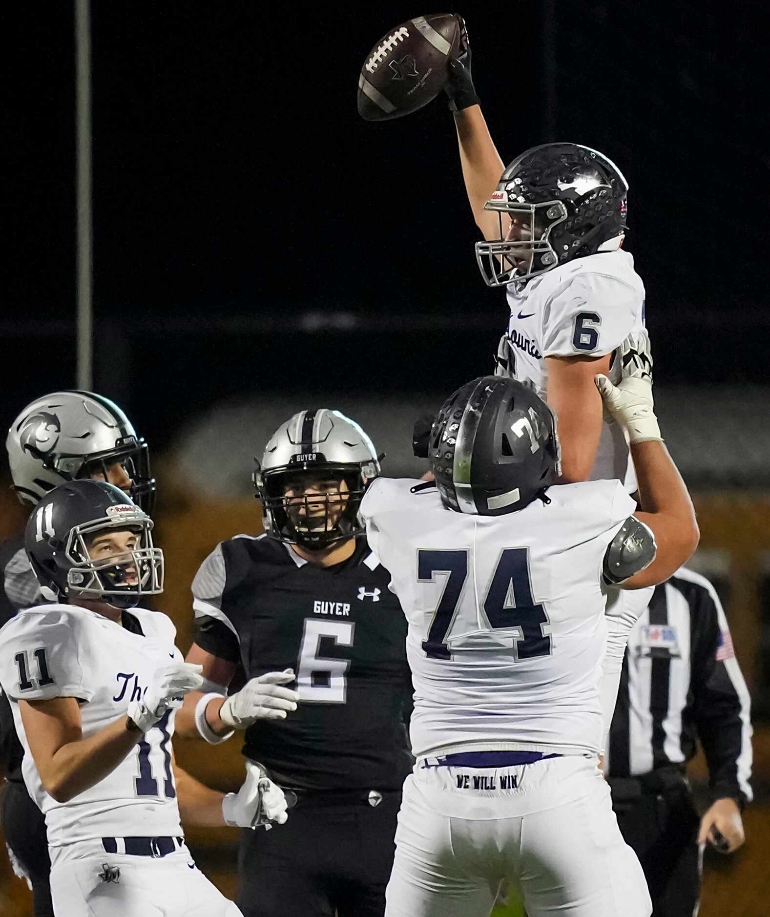 Flower Mound wide receiver Boston Lingenfelter (6) celebrates with offensive lineman Dylan...