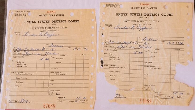 Linda Coffee’s filing receipts for Roe v. Wade and Doe v. Wade photographed at Coffee’s home...