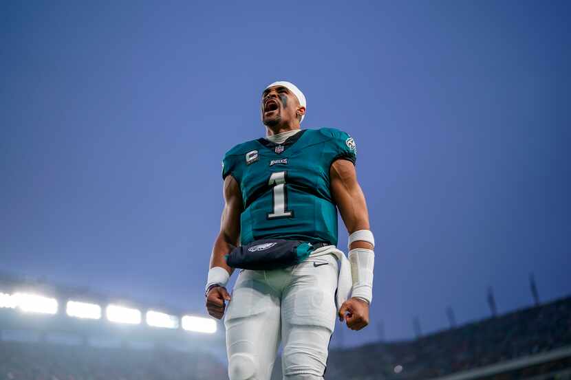 Philadelphia Eagles quarterback Jalen Hurts reacts as he takes the field prior to an NFL...