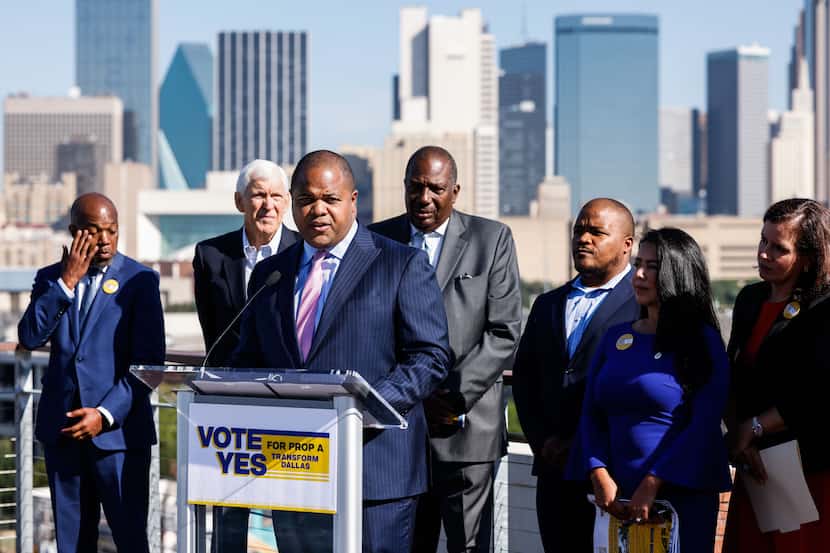 News conference by Dallas Mayor Eric Johnson and other political figures in Dallas on...