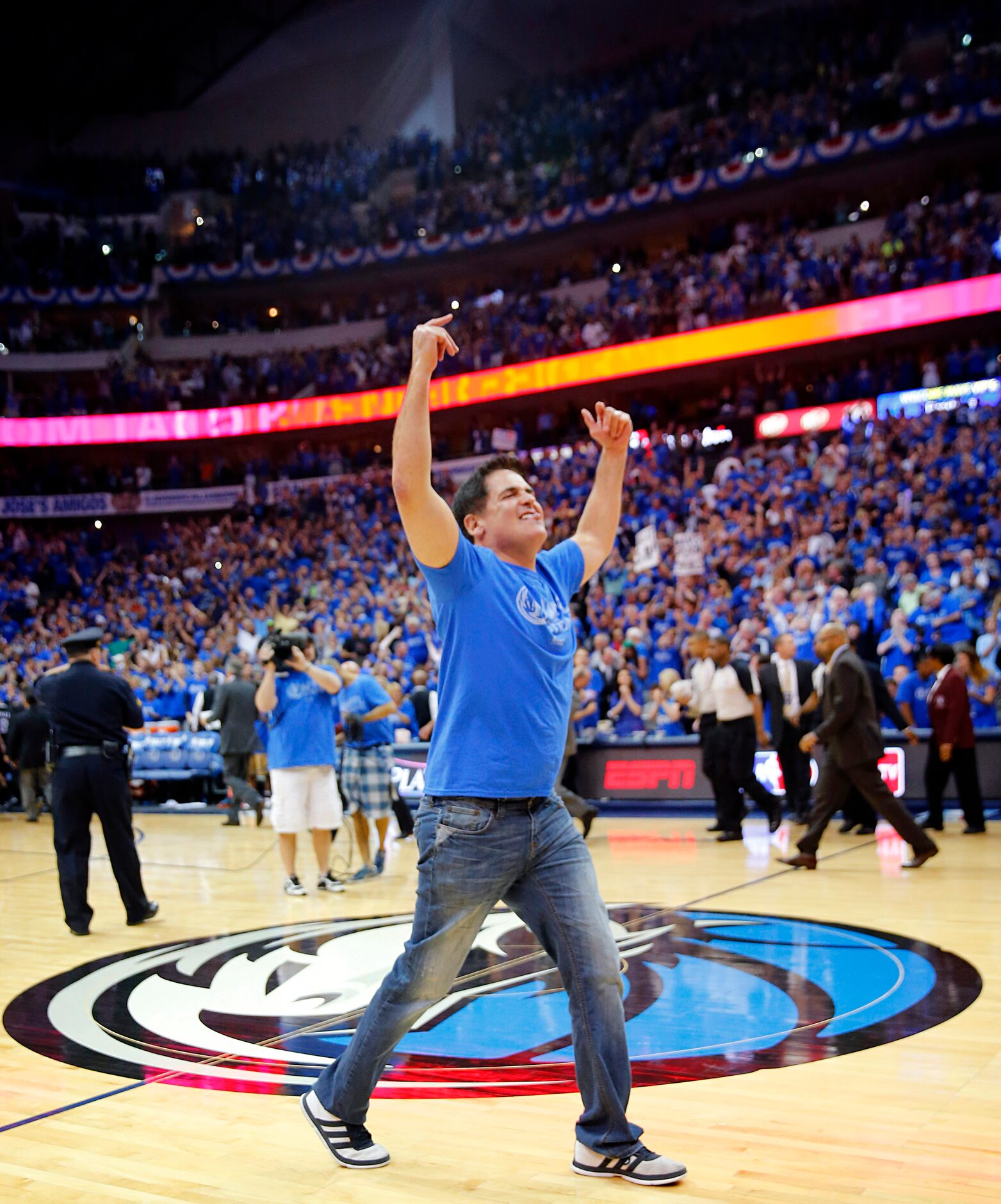 April 26, 2014: Mark Cuban celebrates after Vince Carter won Game 3 of the Western...