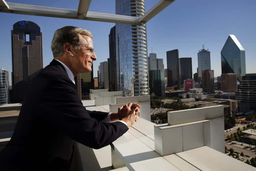  Federal Reserve Bank of Dallas president Robert Kaplan looks at the Dallas skyline outside...
