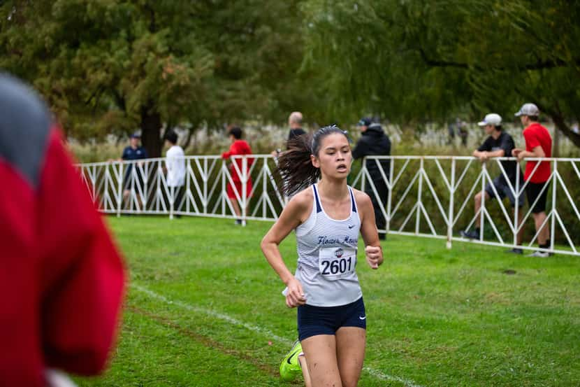 Alexandra Fox of the Flower Mound High School Jaguars races in the 6A girls’ 3200m race at...